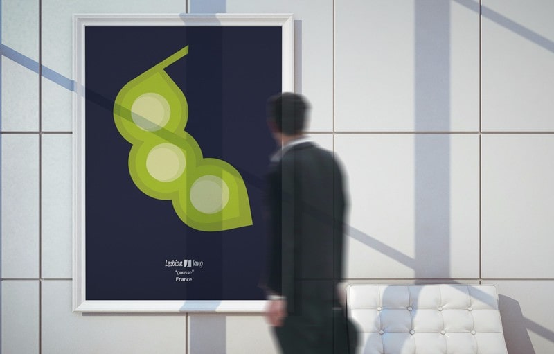 Photograph of a large picture on a wall with Gousse drawing. In front of the painting there is a blurred and almost transparent man looking at it.