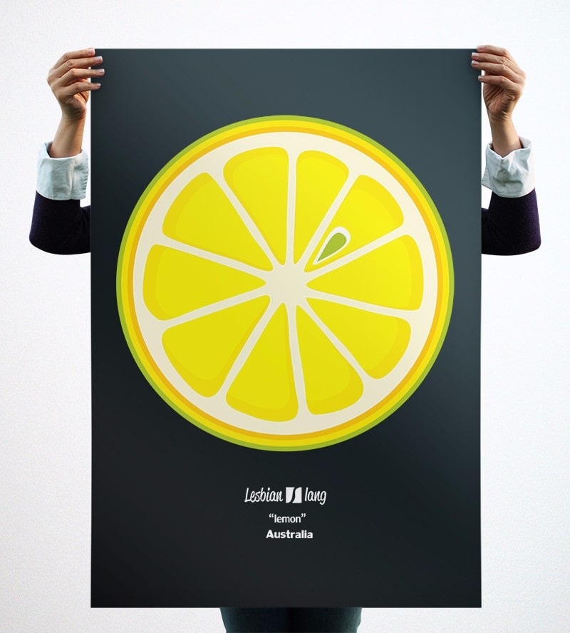 Lemon | Lesbian Dictionary, Australia. Photograph of a large poster with the drawing Lemon, held from behind by a person whose only hands are seen.
