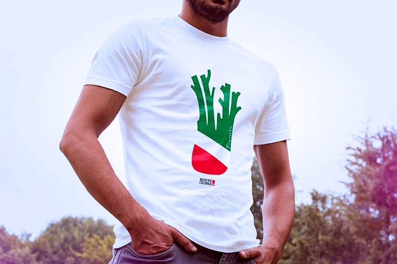 Fotografía de un chico que viste una camiseta con el diseño Finocchio con los colores de la bandera italiana.