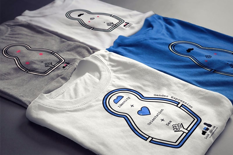 Look Inside | Sexual Diversity | t-shirts Photograph of several t-shirts with drawings of the Look Inside series of the protest collection.