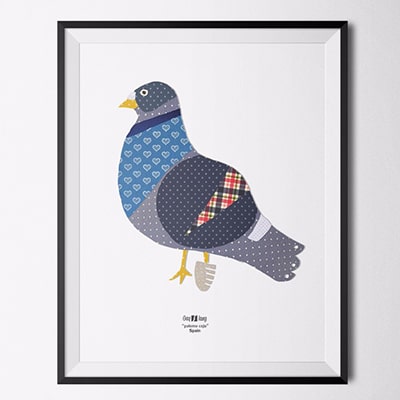 Fotografía en color de un póster enmarcado con el diseño Palomo Cojo