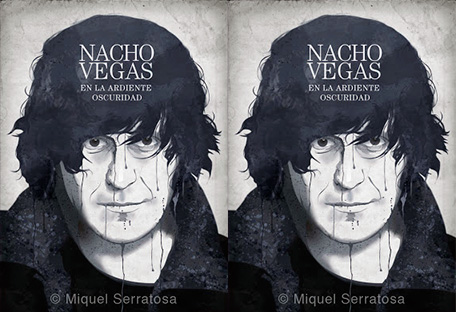 Retrato Ilustación de Nacho Vegas, en tonos grises y azulados, con el texto Nacho Vegas. En la ardiente Oscuridad.