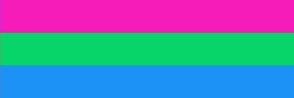 Imagen de la bandera polisexual, compuesta de 3 franjas, de arriba a bajo, rosa, verde y azul.