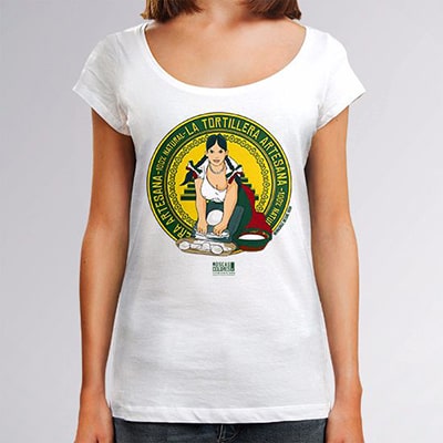 T-shirt Tortillera | Lesbian Dictionary Spanish Close-up photograph of a white T-shirt worn by a girl with the Tortillera drawing, a fictional logo of a flour brand named tortillera, focused on a beautiful young woman with generous breasts.