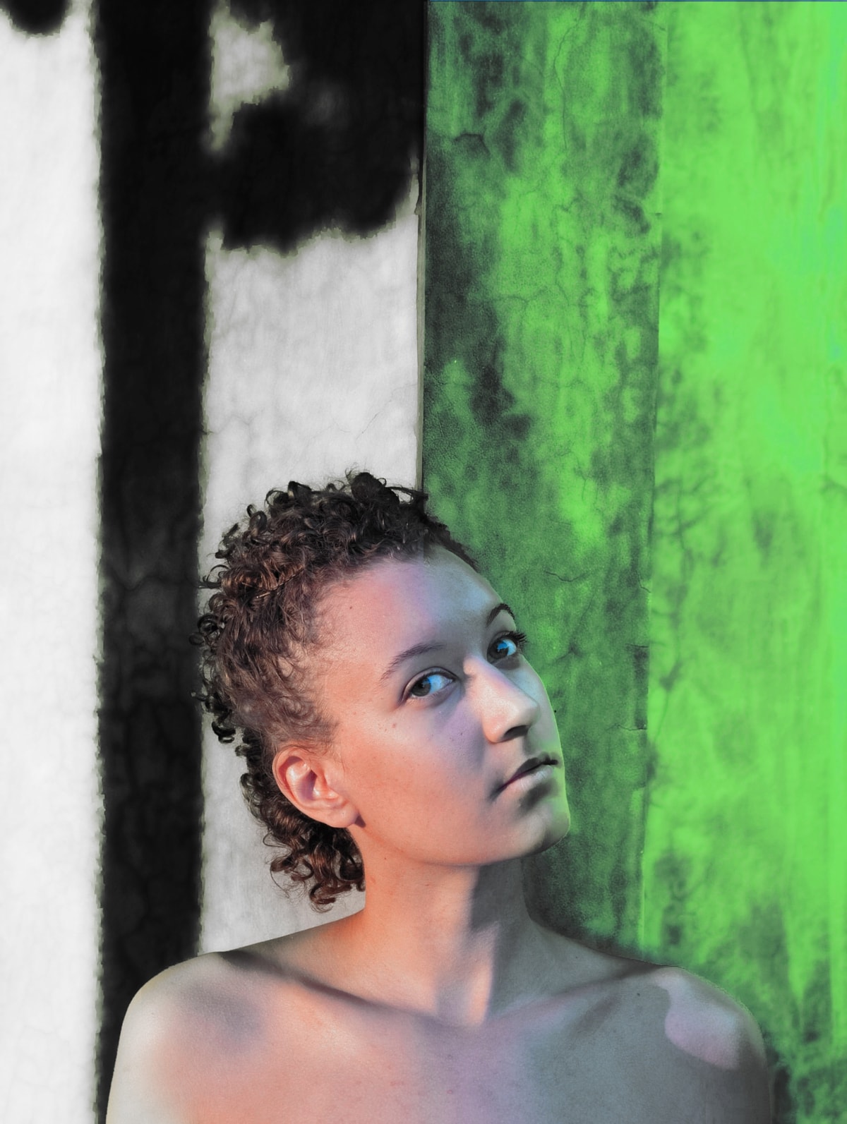 imagen de una persona andrógina modificada con los colores de la bandera agénero