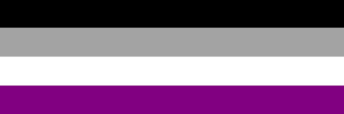 Imagen de la bandera asexual compuesta por 4 franjas de colores negro, gris, blanco y morado.