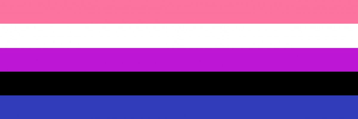 Imagen de la bandera Género Fluido, compuesta por 5 franjas, de arriba a abajo, rosa, blanca, violeta, negra y azul.