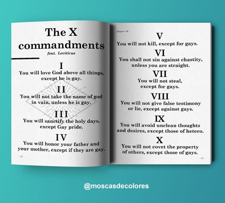 recreation of the 10 commandments, feat. Leviticus 18:22 in a book on light blue background