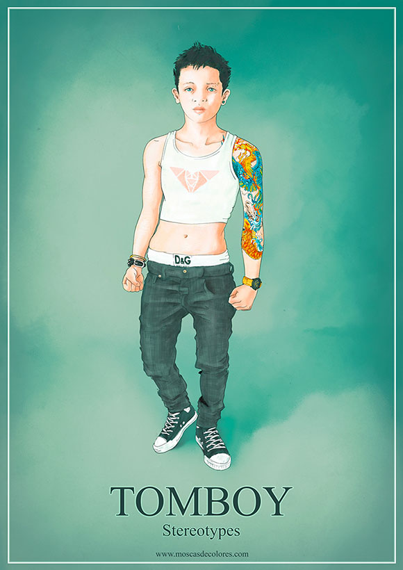 Drawing of a Tomboy girl on green background, with the word Tomboy.